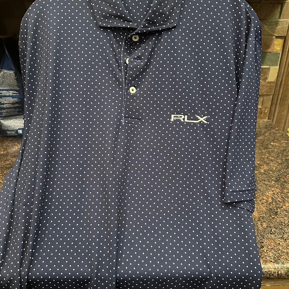 Ralph Lauren RLX- golf shirt size large- navy blue with little white diamonds